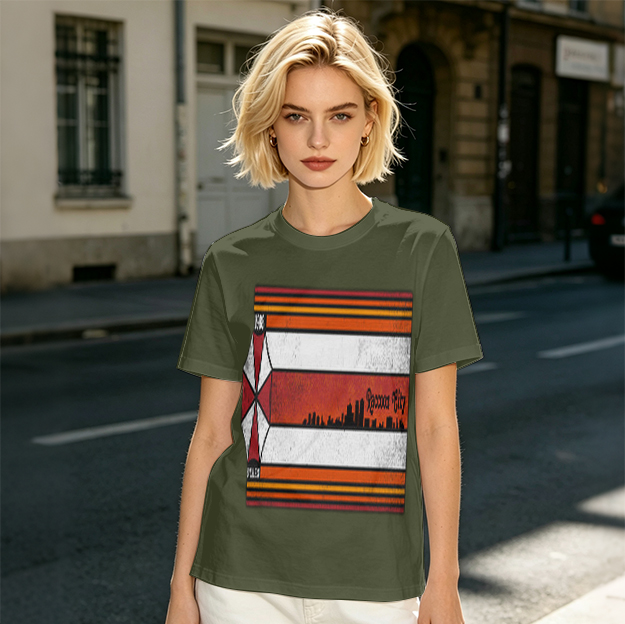 Olive T-Shirt With Retro Striped City Skyline Graphic Print