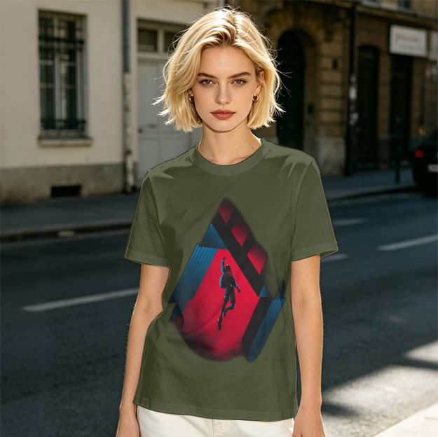 Olive T-shirt with Spider-Man mid-swing over city buildings