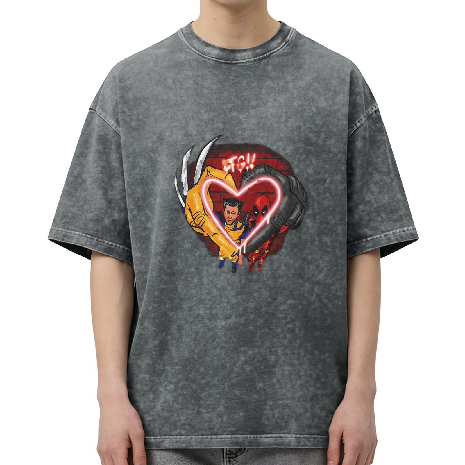 Wolverine and Deadpool Heart Neon Graphic T-Shirt