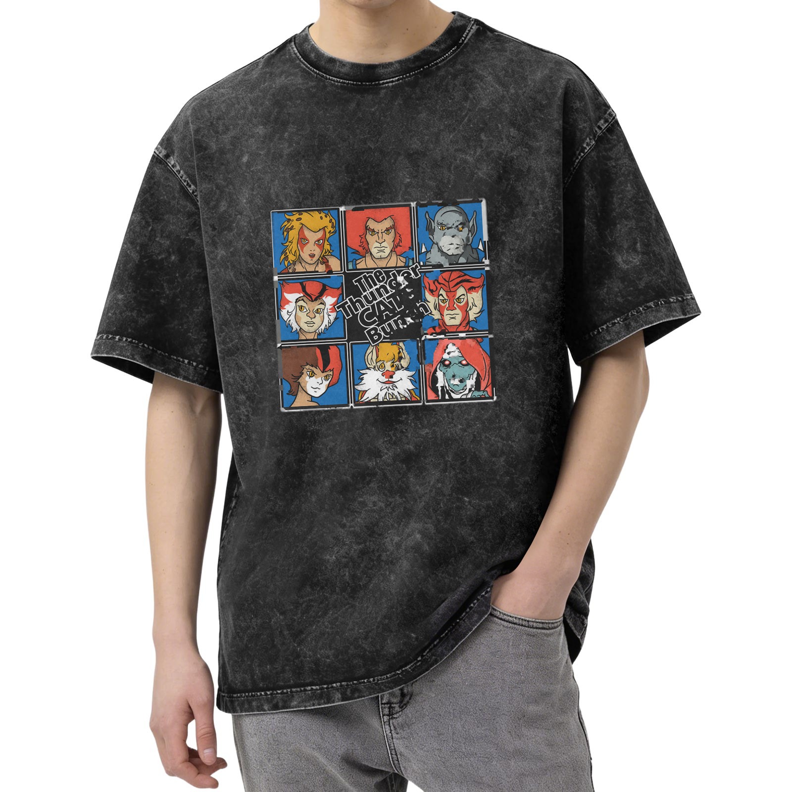 Vintage Acid Wash T-Shirt with Thundercats Bunch Character Grid Graphic