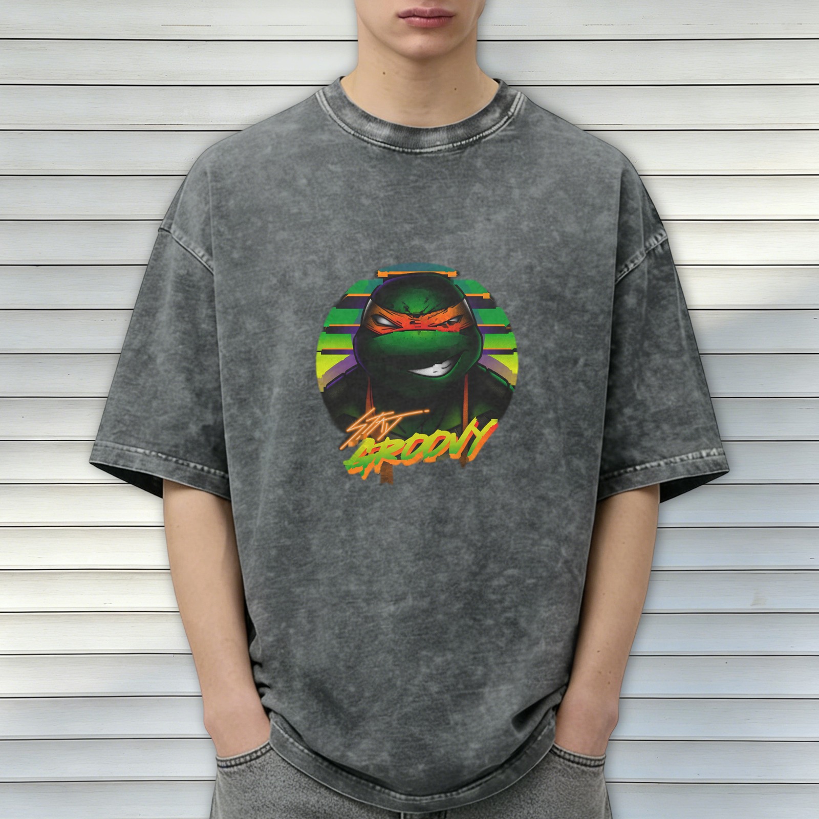 Oversized Dark Wash T-Shirt with Retro Teenage Mutant Ninja Turtle Graphic