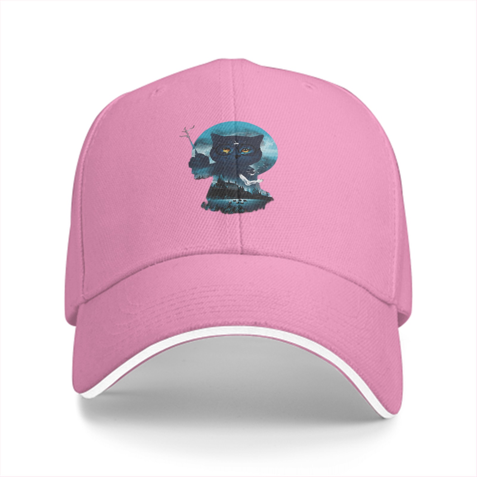Black Baseball Cap With Mystical Owl Moon Graphic Design