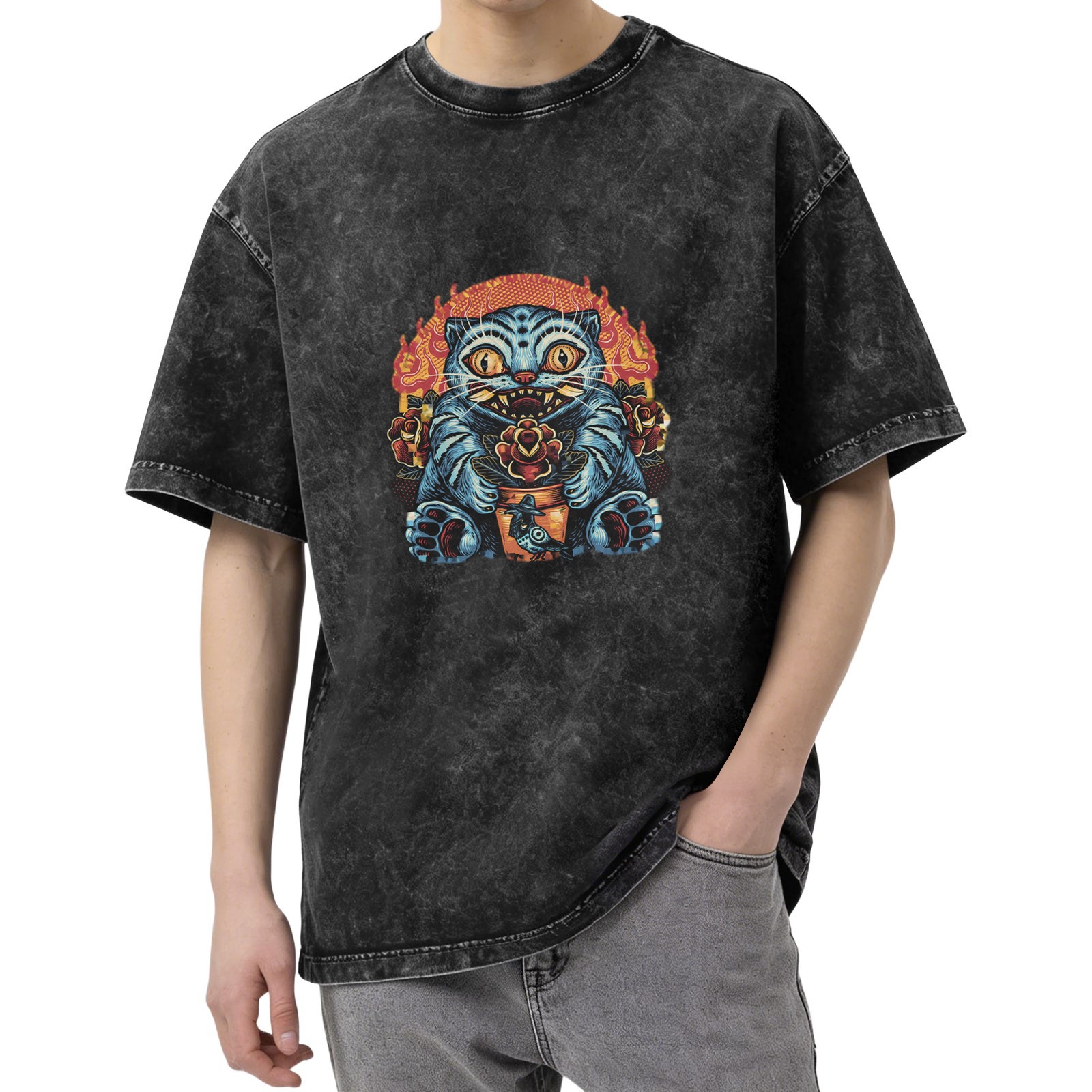Washed black graphic t-shirt with spooky blue cat and roses print