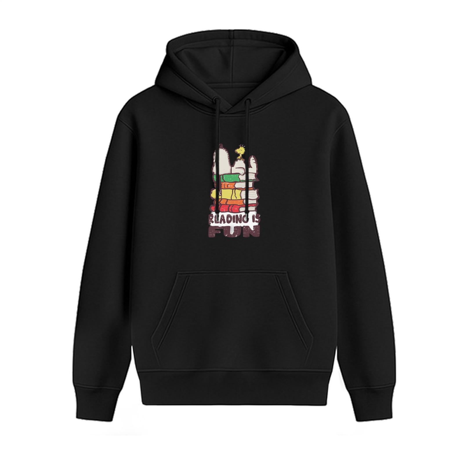 Black hoodie with 'Reading is Fun' book stack graphic