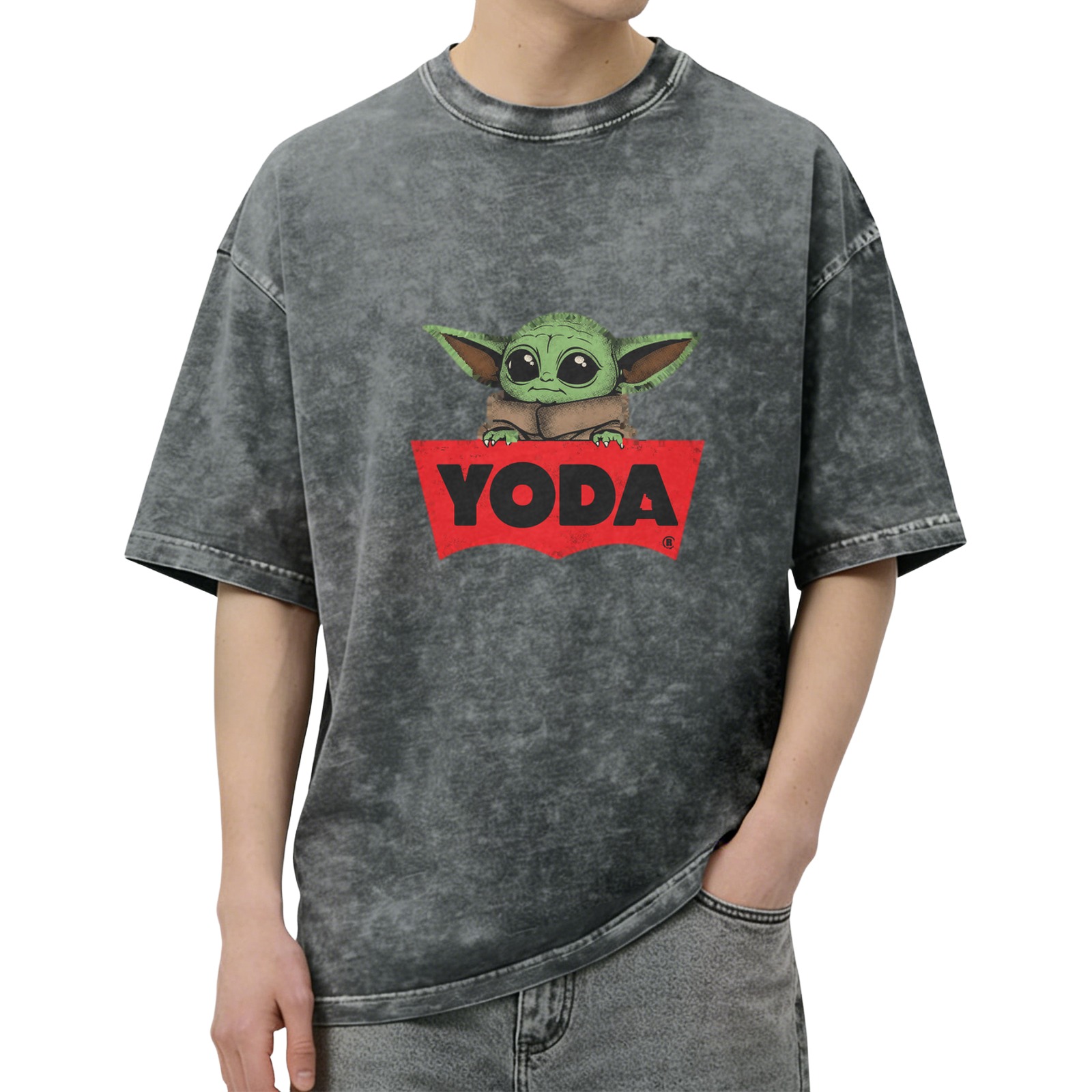 Baby Yoda Graphic Black Acid Wash Cotton T-Shirt