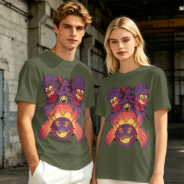 Olive T-Shirt With Halloween Three-Headed Witch And Jack-O'-Lantern Print
