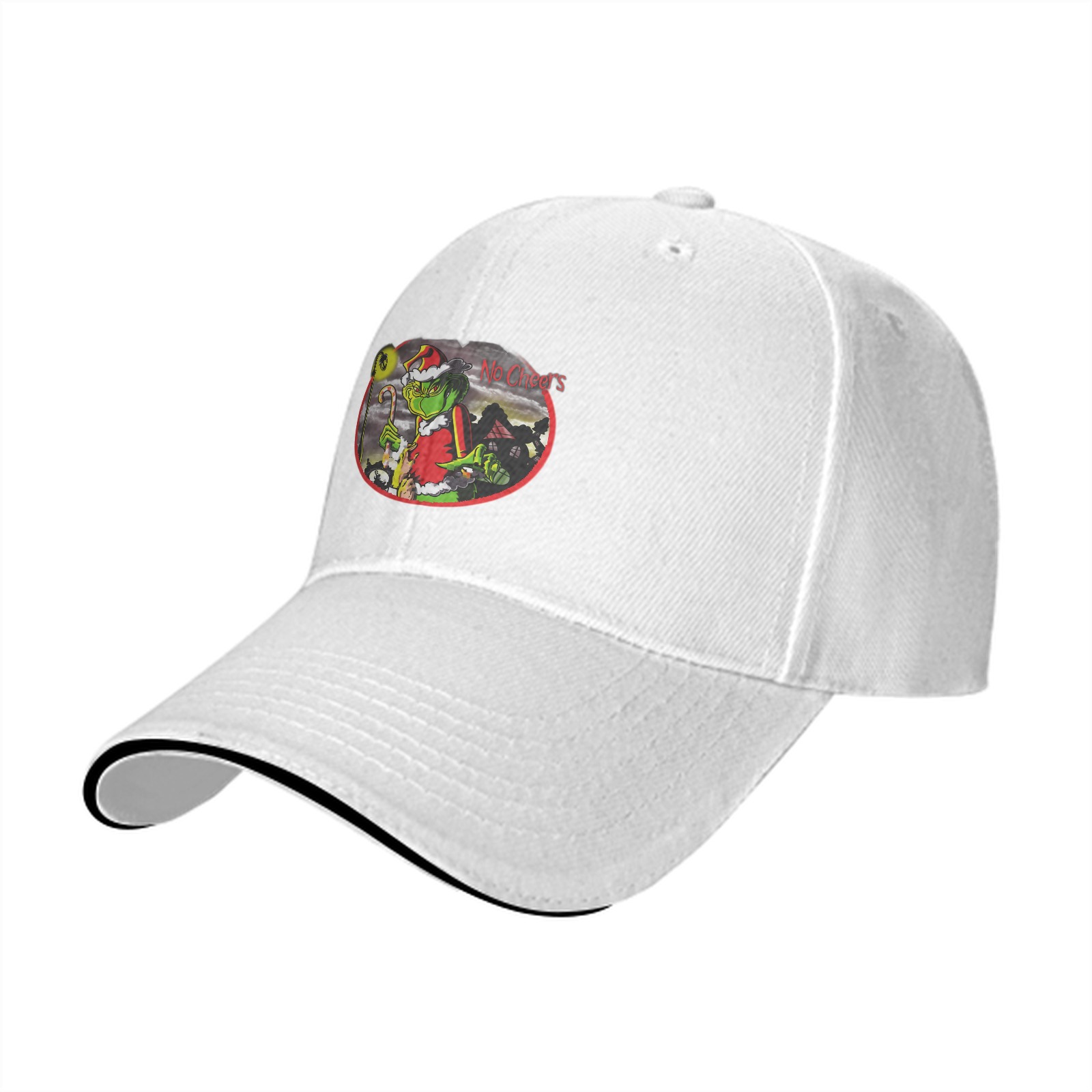 Black baseball cap with Grinch 'No Cheer' Christmas graphic