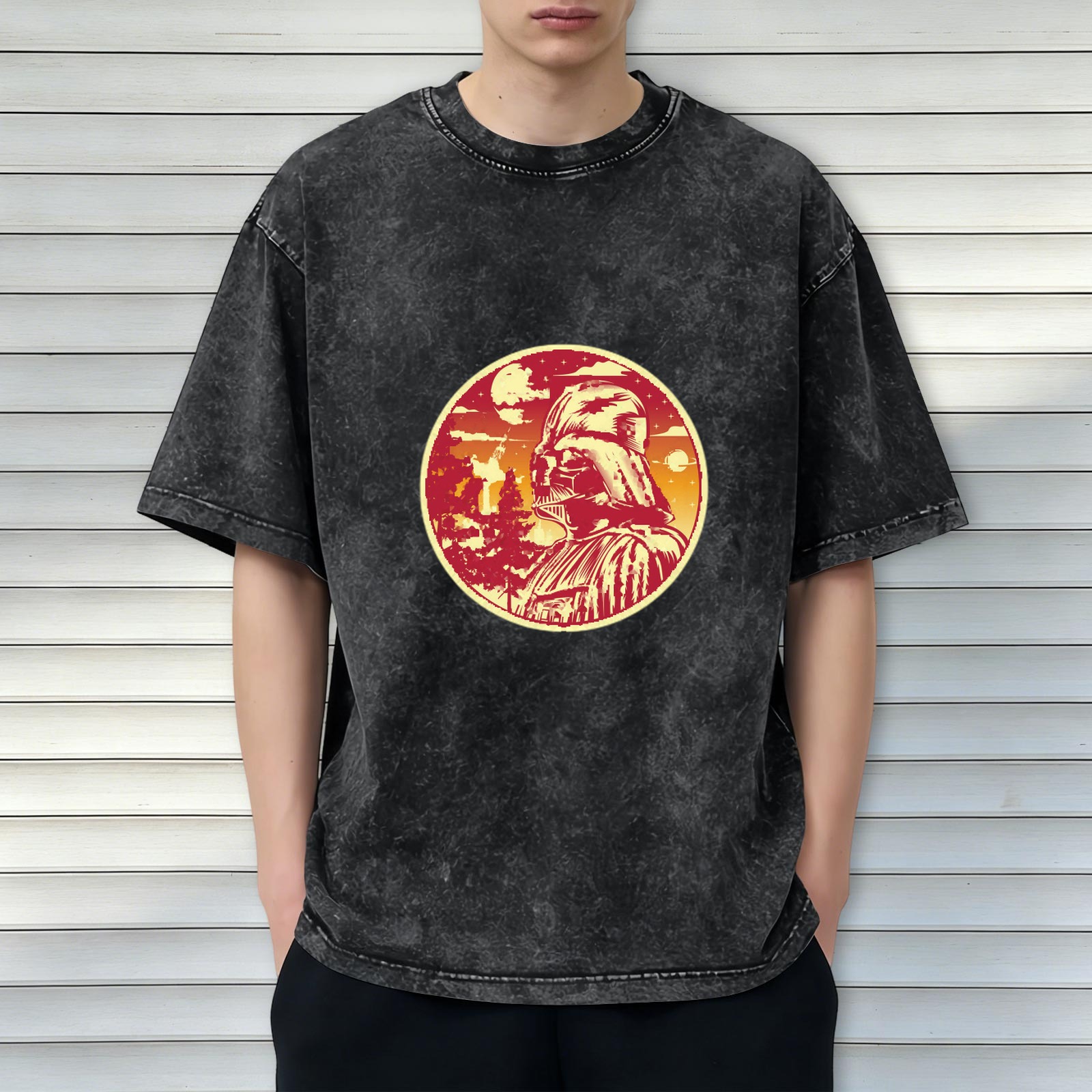 Oversized Dark Wash T-Shirt With Star Wars Darth Vader Sunset Print
