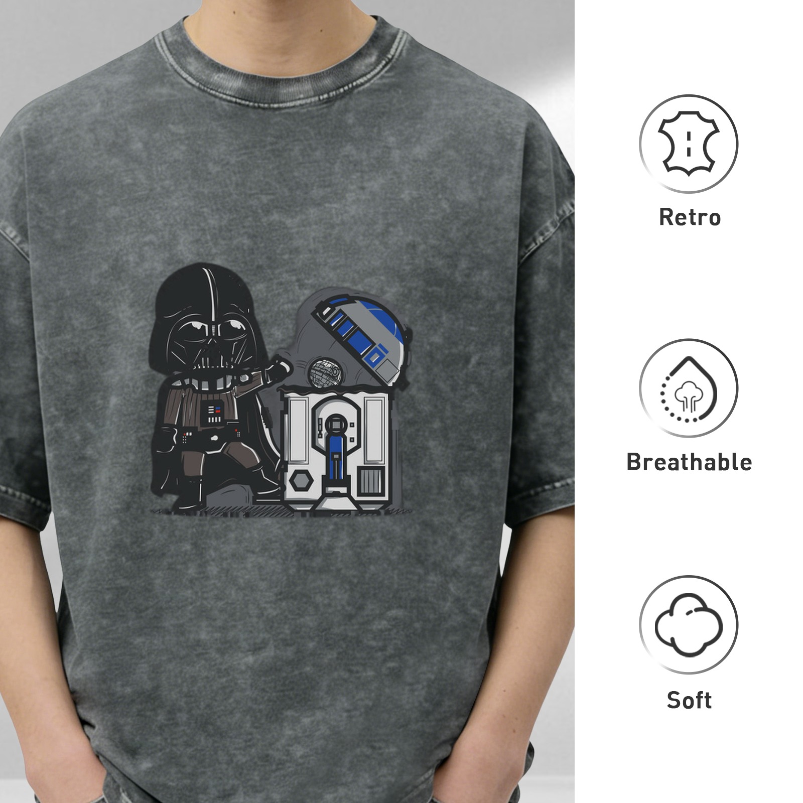 Star Wars Darth Vader & R2-D2 Graphic Acid Wash Cotton T-Shirt