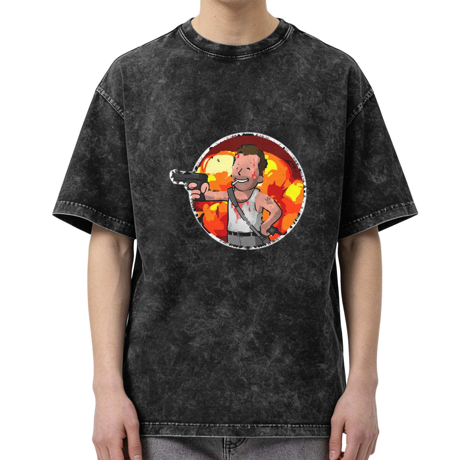 Washed black graphic t-shirt with cartoon action hero and explosion print