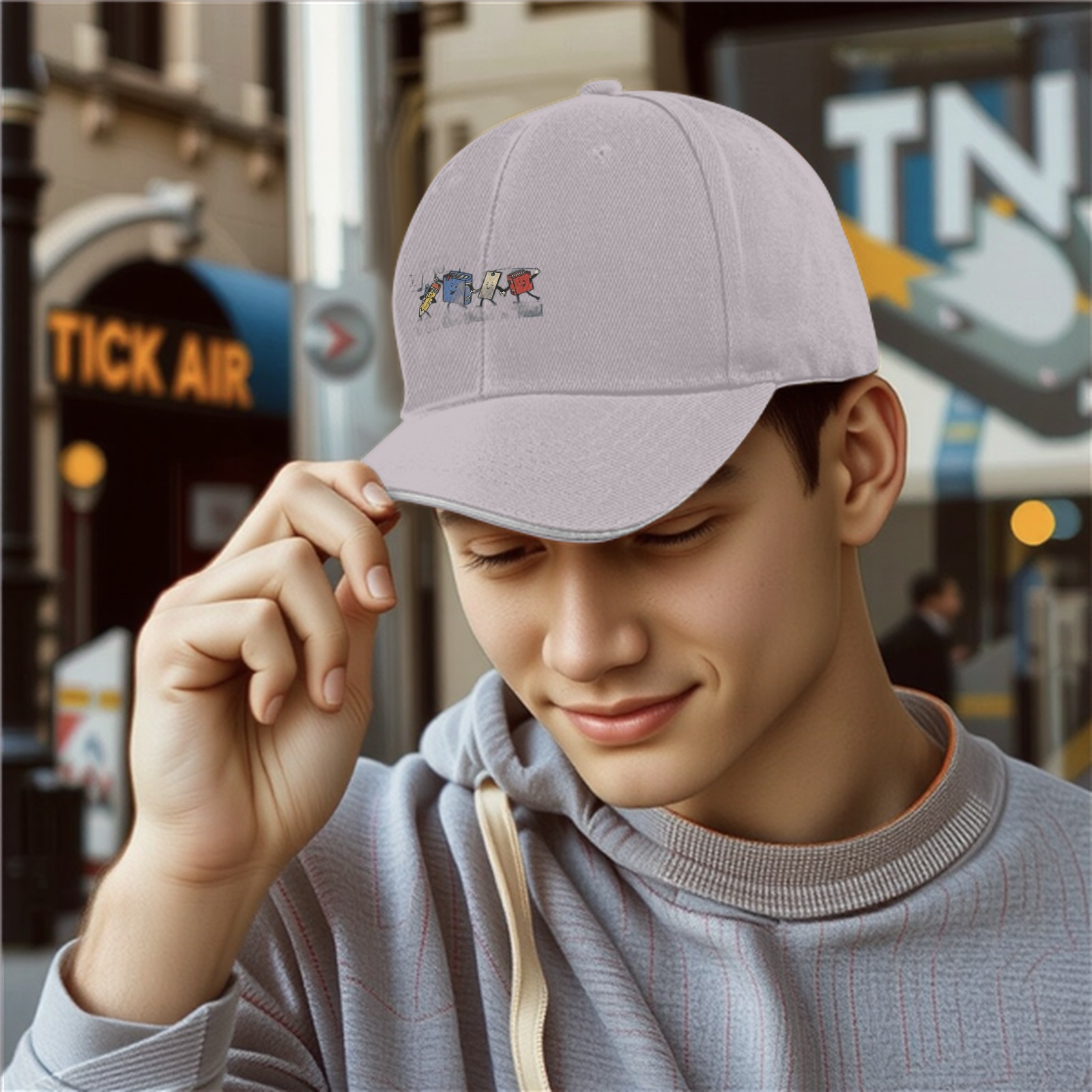 Black baseball cap with cartoon trash can character print