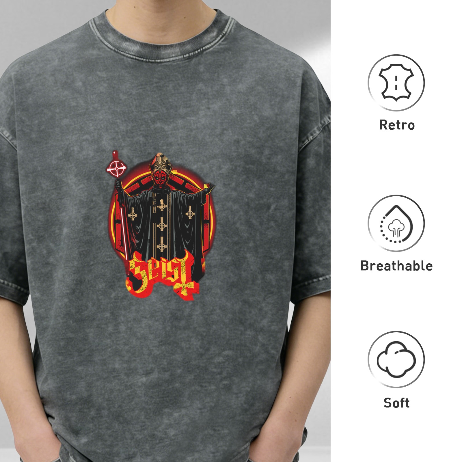 Oversized Dark Wash Graphic T-Shirt with Occult Priest Print