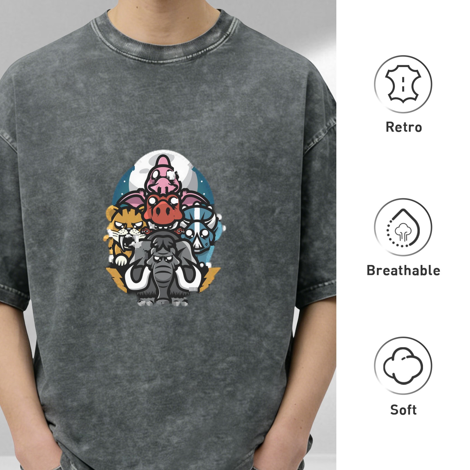oversized acid wash t-shirt with cartoon prehistoric animal graphic