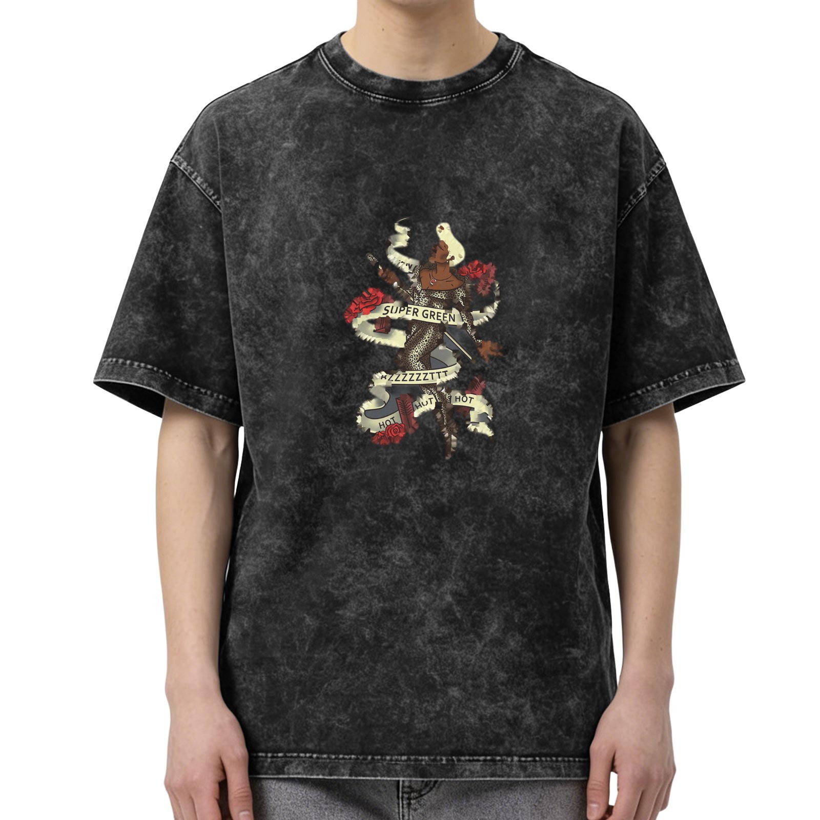Oversized Black Acid Wash T-Shirt With Vintage Tattoo Style Graphic