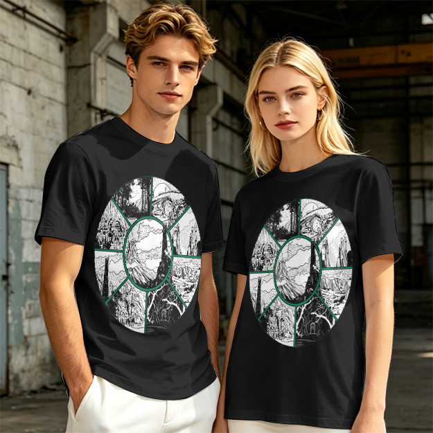 Olive Green T-Shirt With Circular Fantasy Landscape Art Print