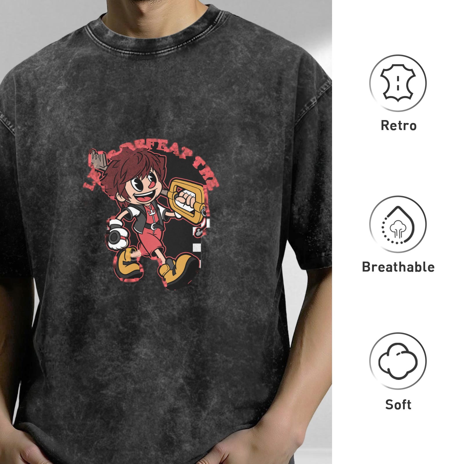 Oversized Vintage Wash T-Shirt with Cartoon Keyblade Character Print