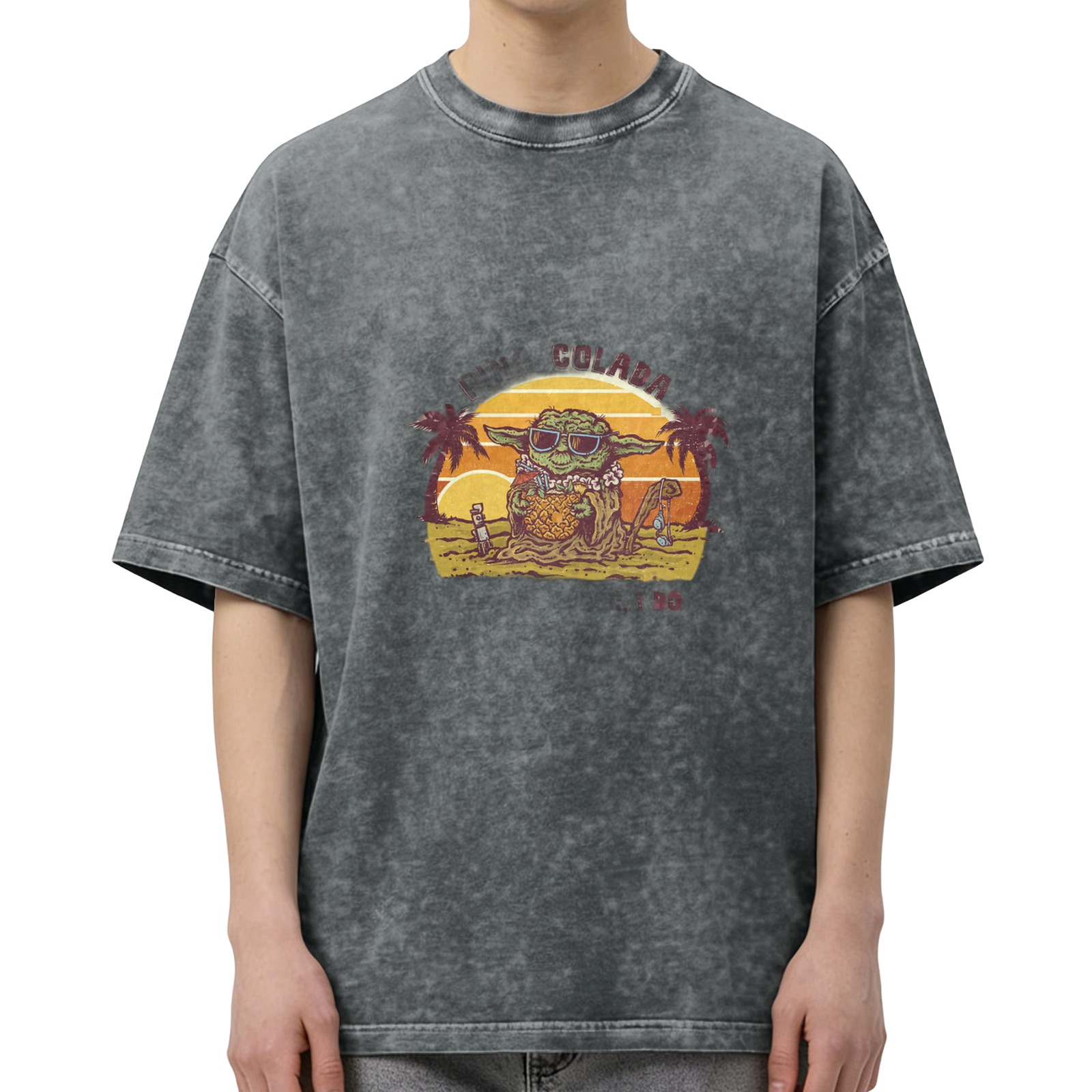 Washed black t-shirt with tropical Yoda sunset graphic