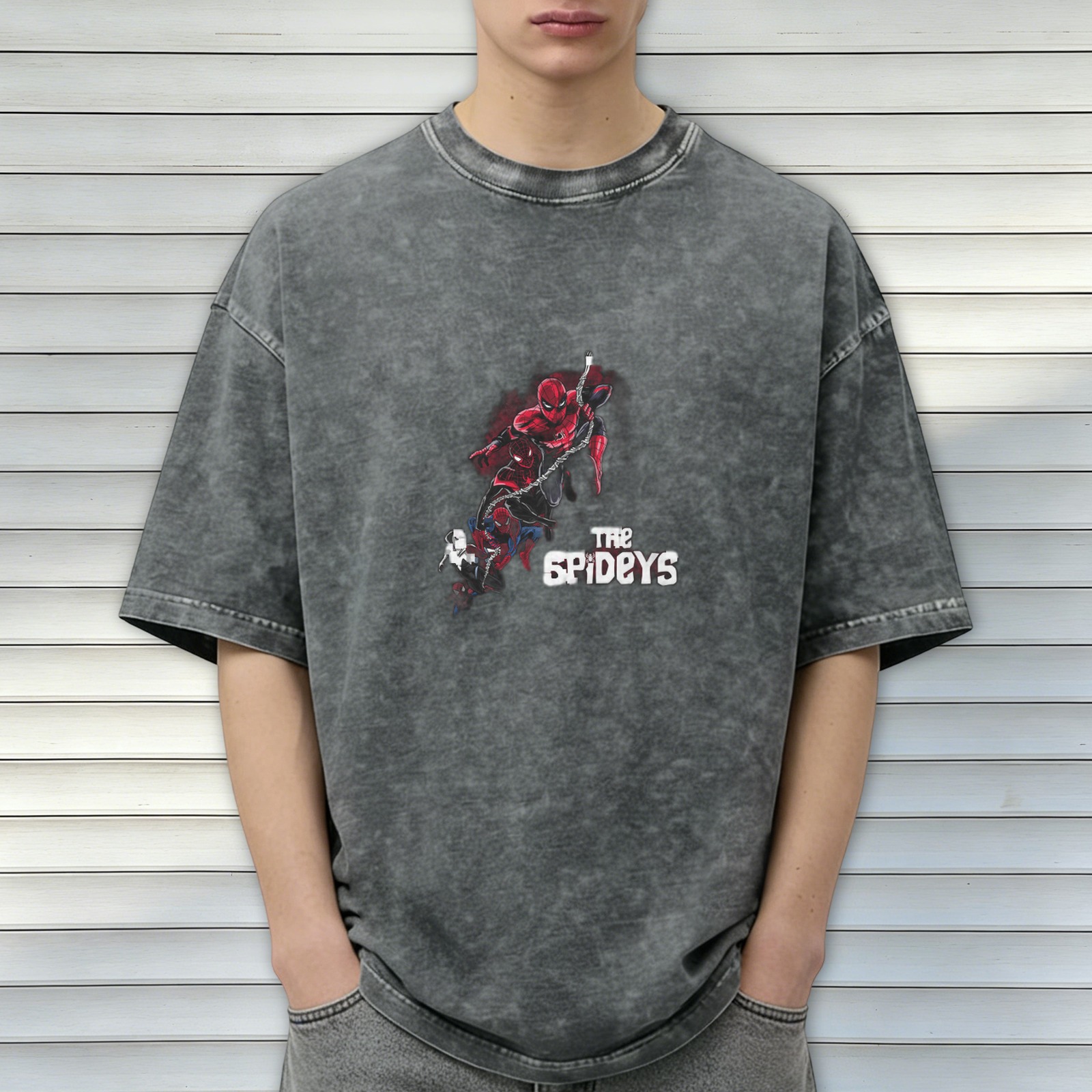 Washed and distressed black Spider-Man themed short-sleeved T-shirt Loose casual crew neck top