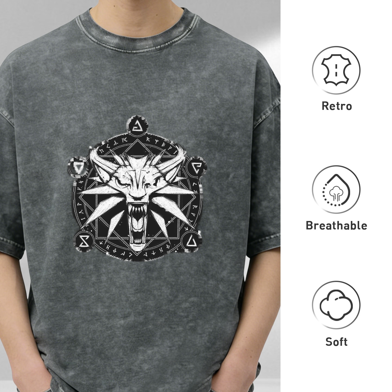 The Witcher Wolf Medallion Acid Wash Oversized T-Shirt