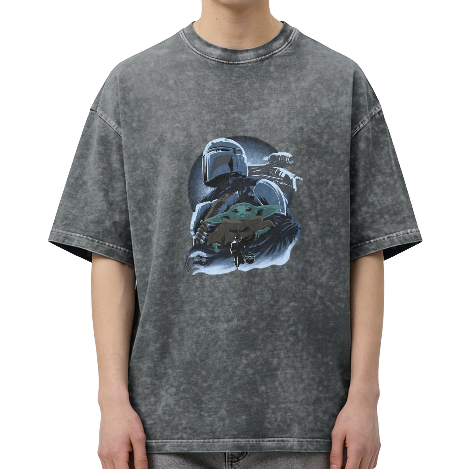 Washed Black T-Shirt Featuring Mandalorian and Child Grogu Art