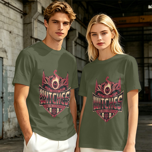 Olive Green T-Shirt With Witches Themed Graphic Print