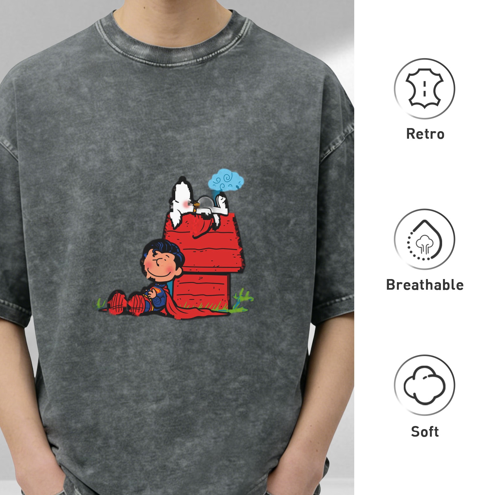 Snoopy and Charlie Brown Superman Mashup Vintage Black T-Shirt