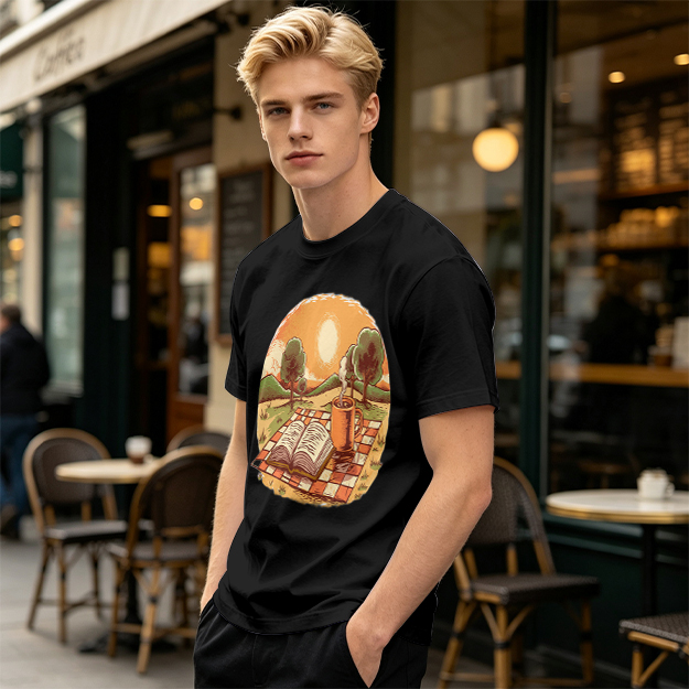 Olive T-Shirt with Sunset Picnic Book and Coffee Art
