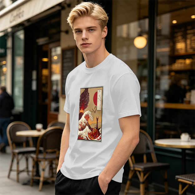 Olive T-Shirt with Ukiyo-e Style Wave and Volcano Print