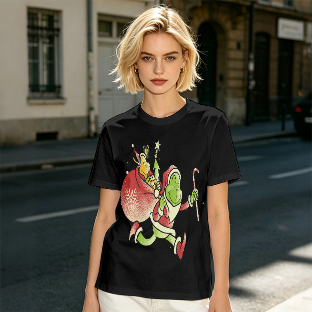Olive T-shirt with Grinch Santa Christmas Graphic Design
