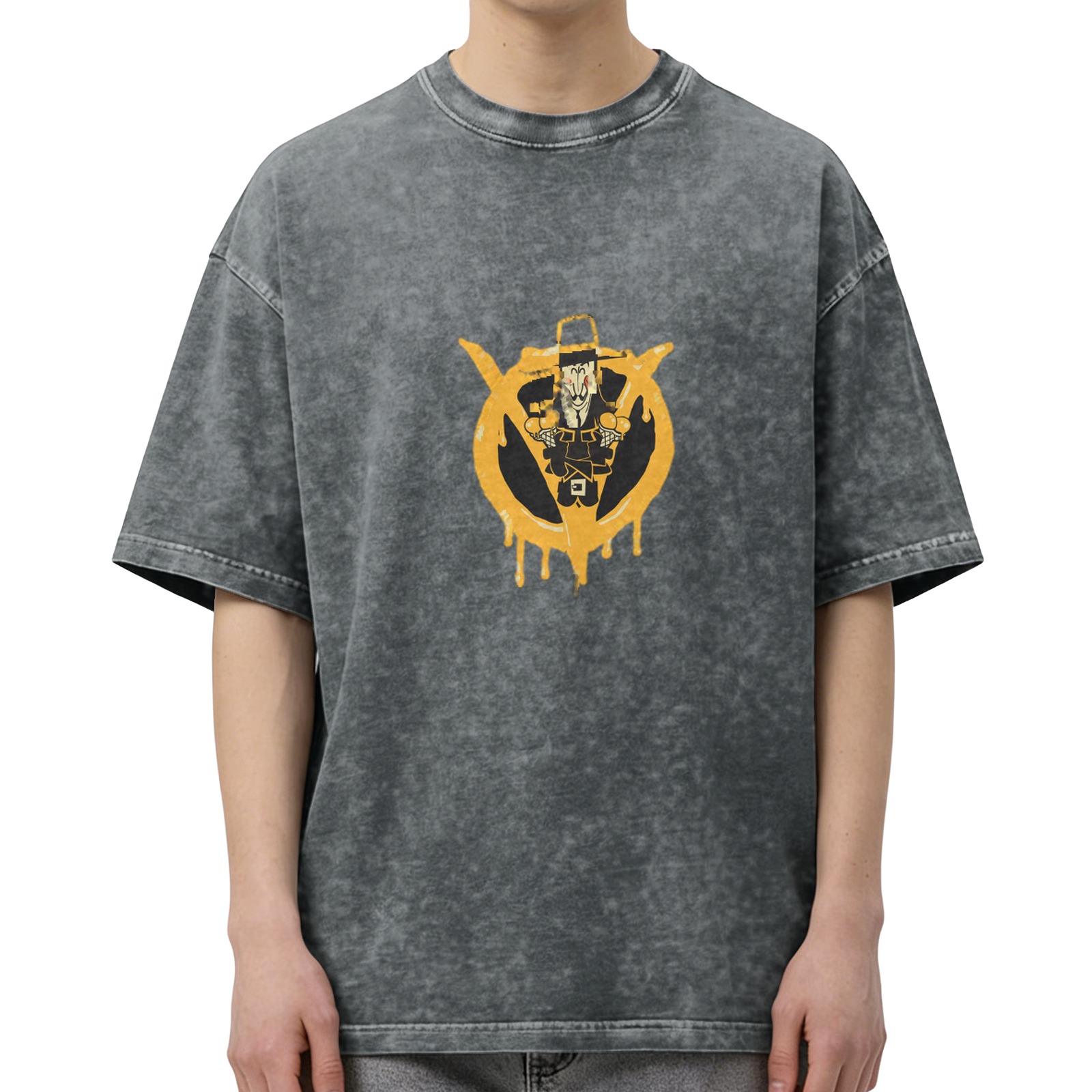 Washed Black T-Shirt With Graffiti Style Pilgrim Graphic