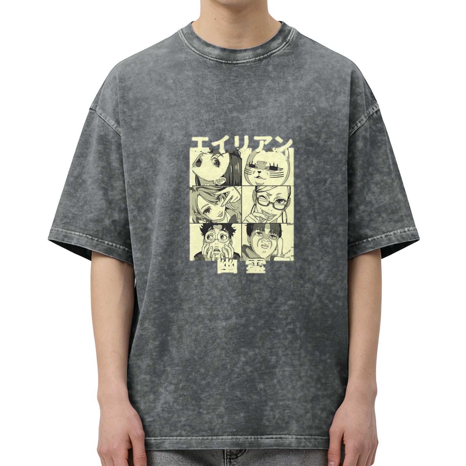 Anime Graphic Print Acid-Wash Oversized T-Shirt