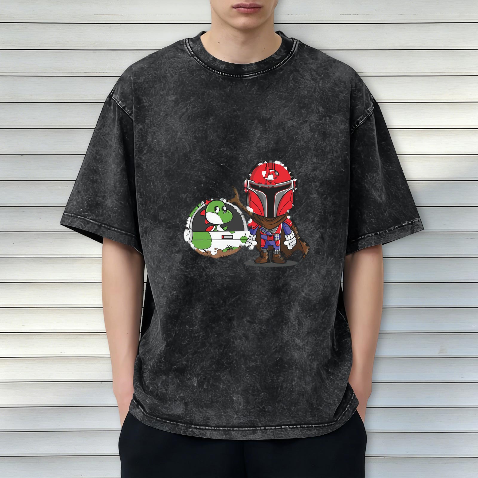 Retro washed black short-sleeved T-shirt, cartoon and anime co-branded print, loose casual top
