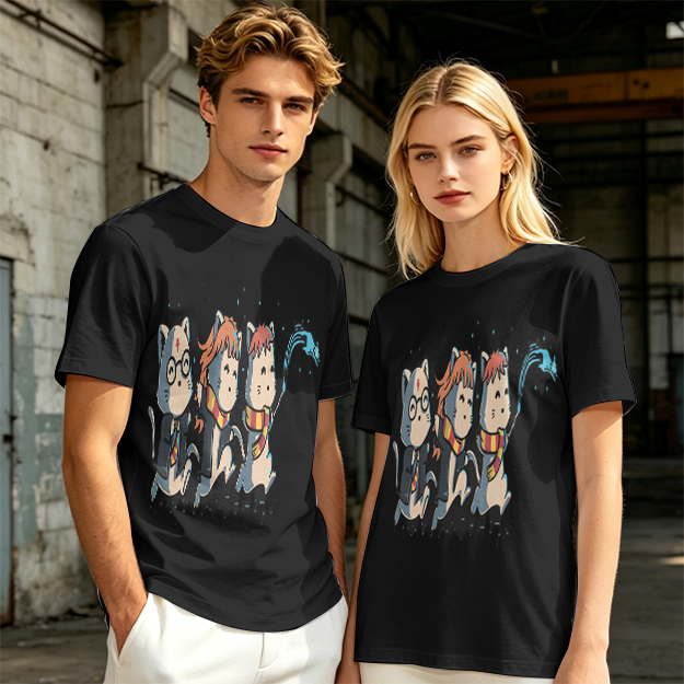Olive T-Shirt With Harry Potter Themed Cat Trio Print