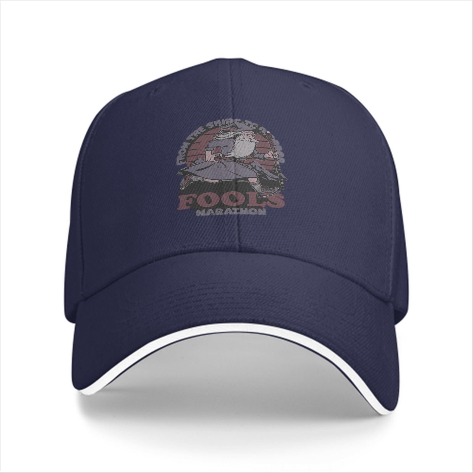 Black baseball cap with 'Fools Marathon' wizard graphic print