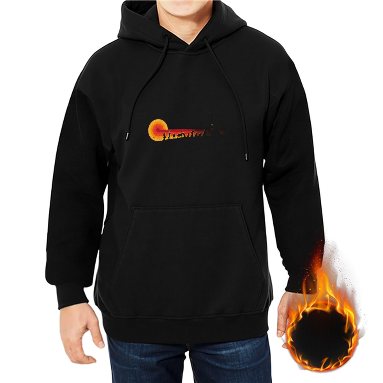 Black Hoodie with Sunset Landscape Graphic Print