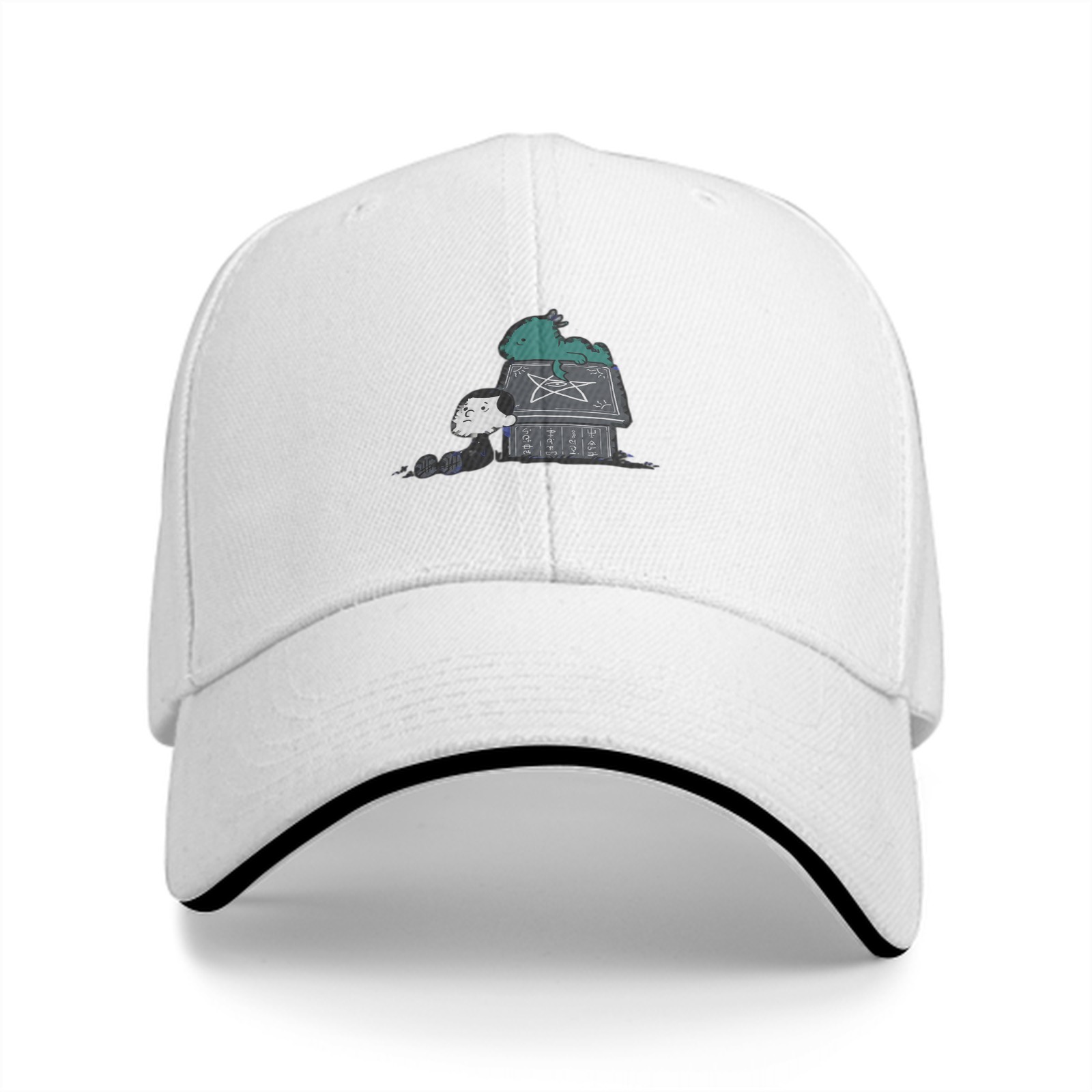 Black baseball cap with a whimsical printed graphic design