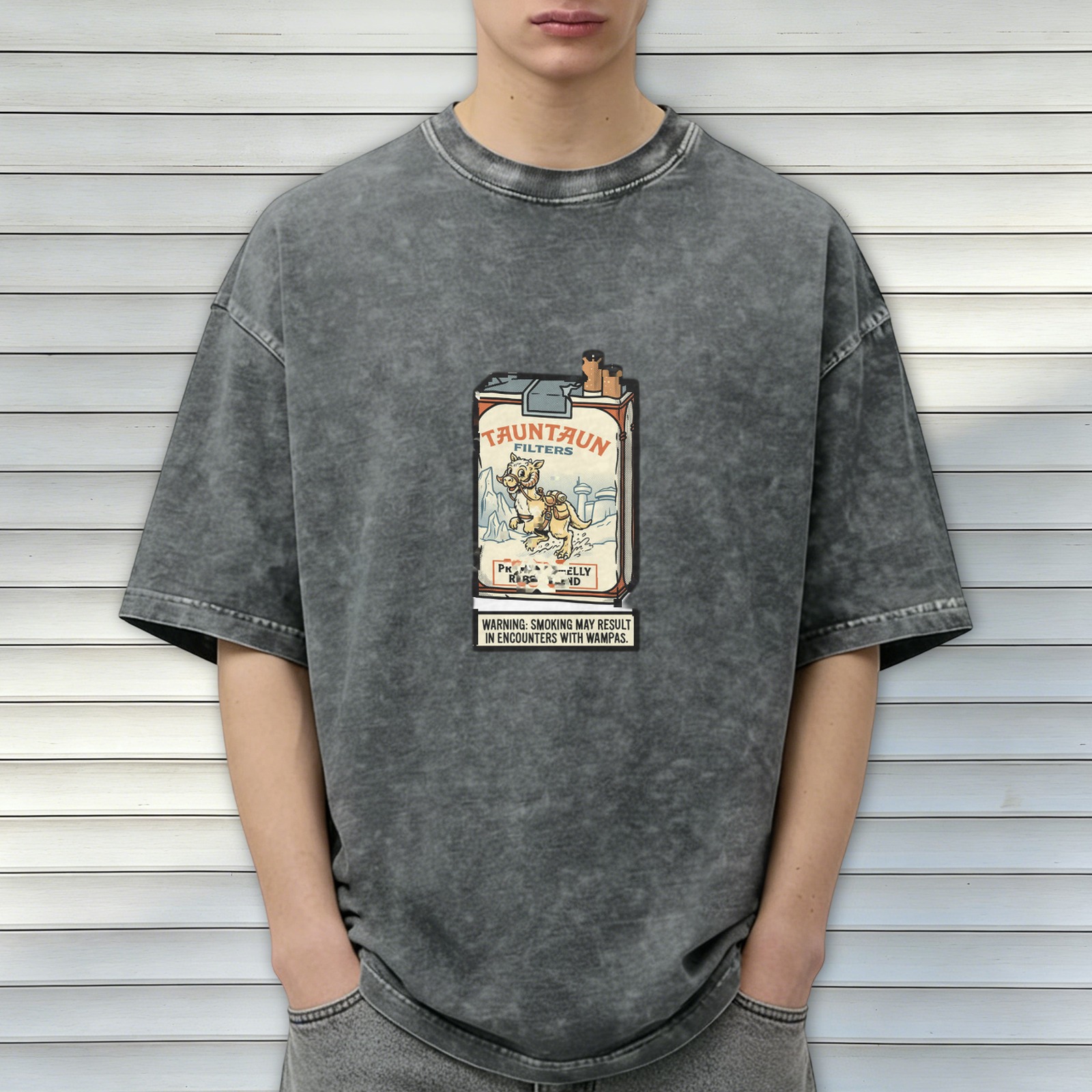 Washed Black T-Shirt With Tauntaun Cigarette Pack Graphic