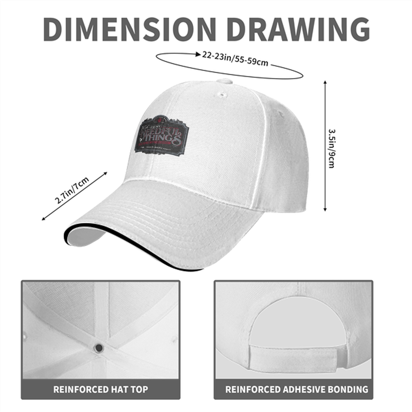 Black baseball cap with Needful Things themed graphic