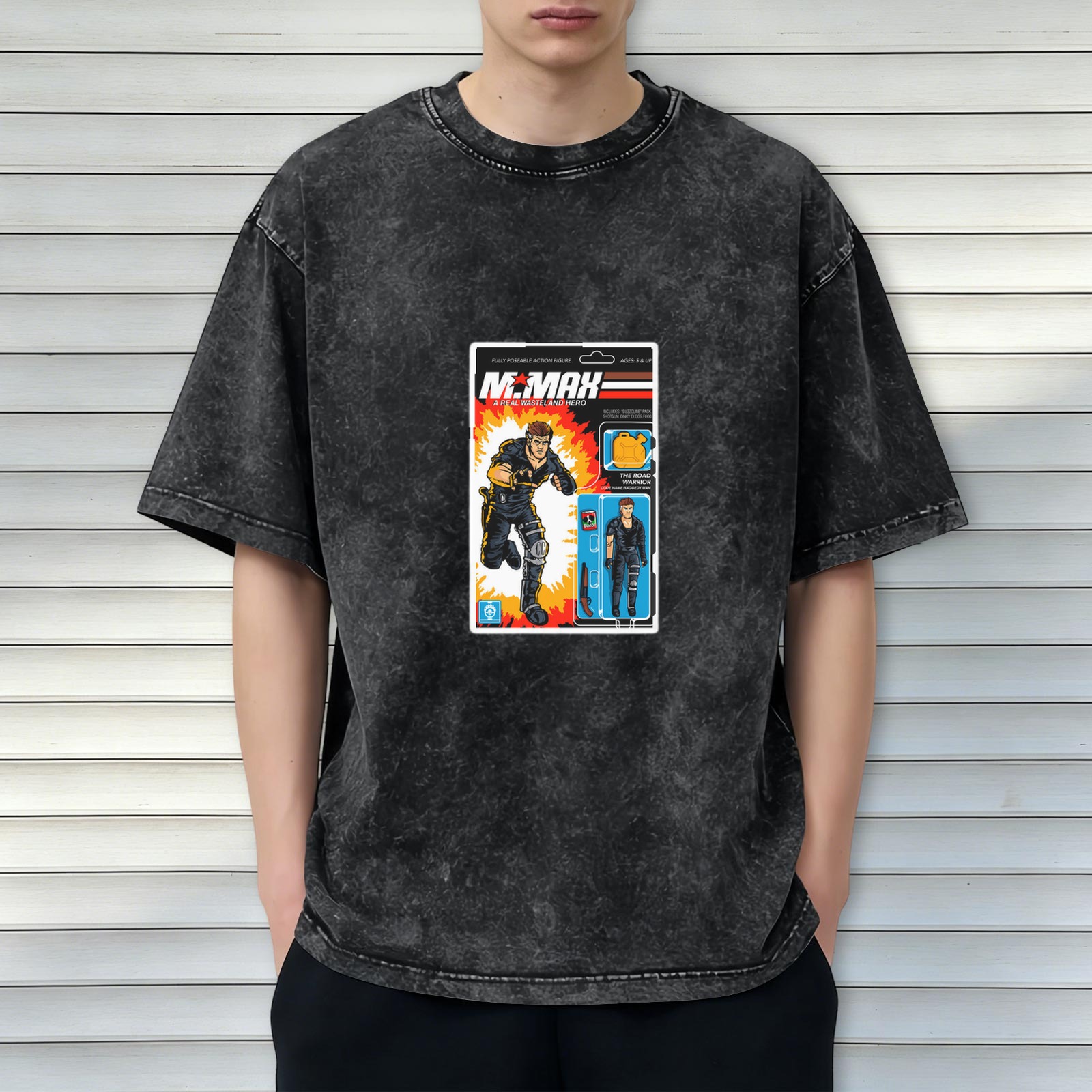 Washed Black T-Shirt with Retro Mr. Max Action Figure Graphic