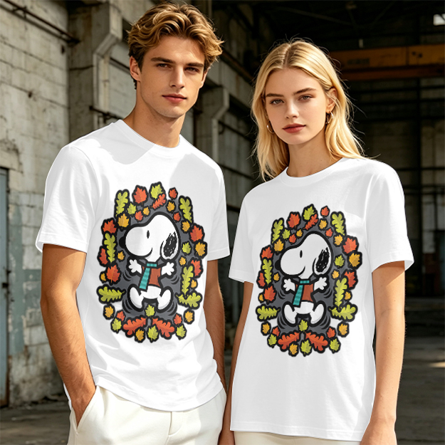 Olive green t-shirt with Snoopy playing in autumn leaves
