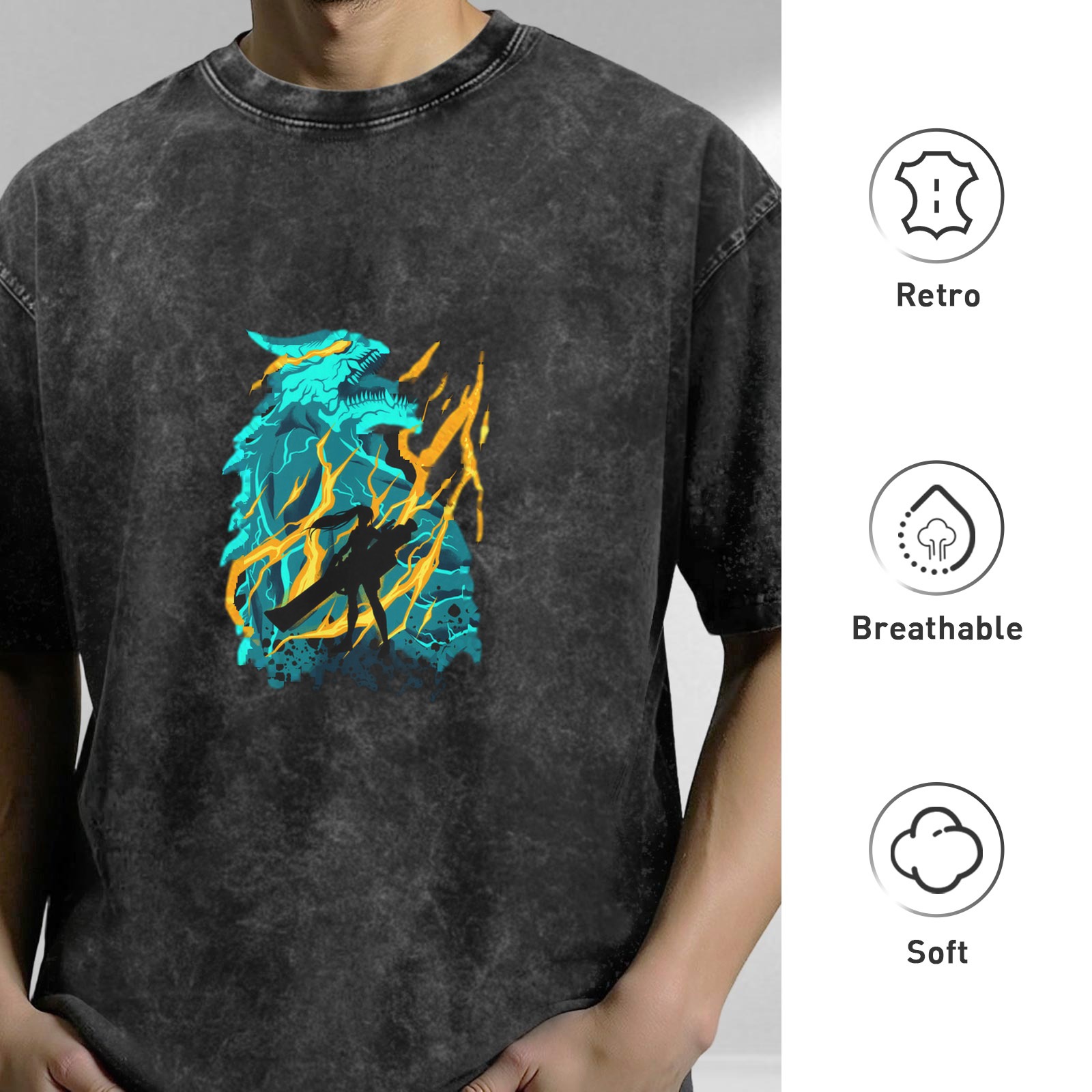 Oversized Acid Wash T-Shirt With Dragon Lightning Graphic Print