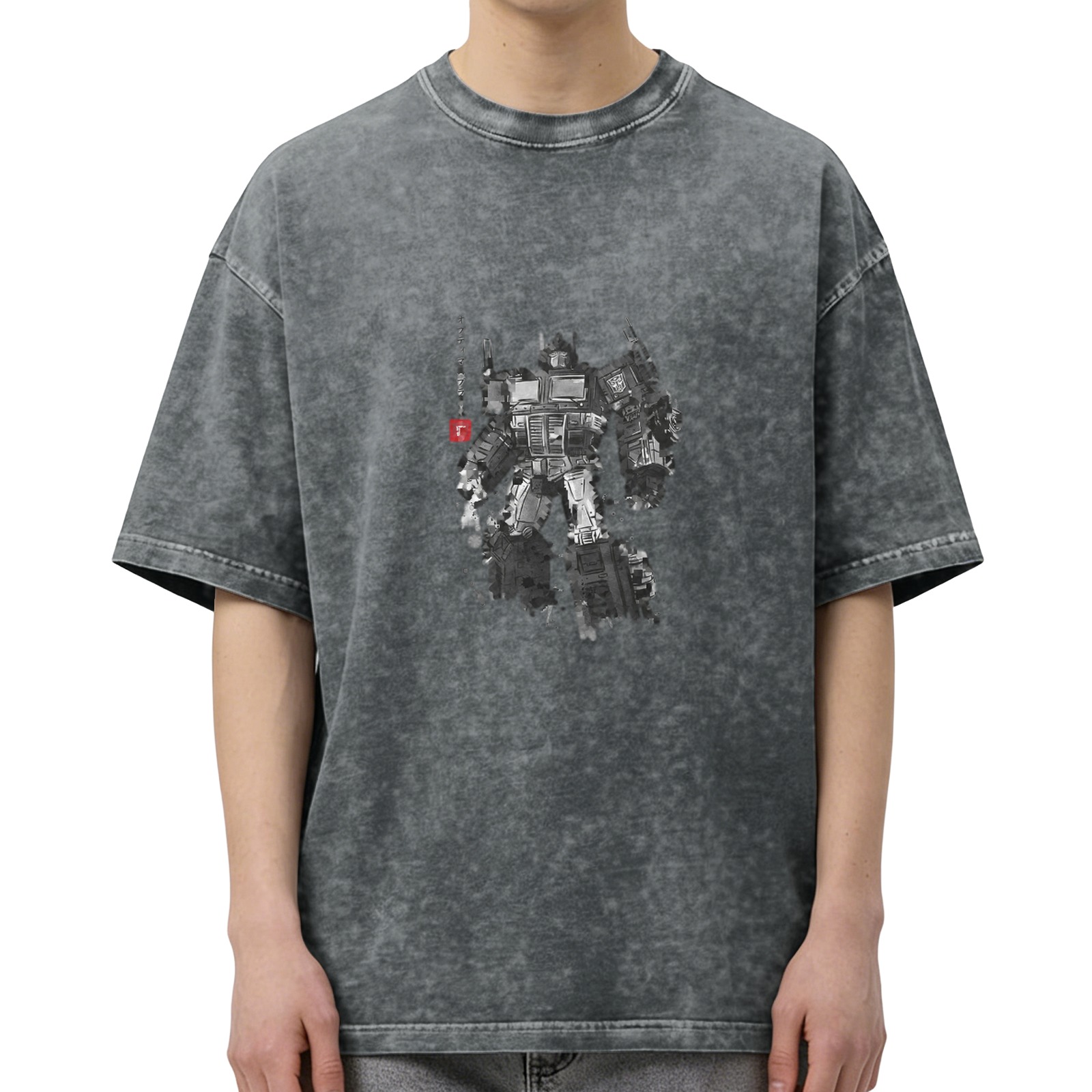 oversized faded black t-shirt with distressed robot graphic print