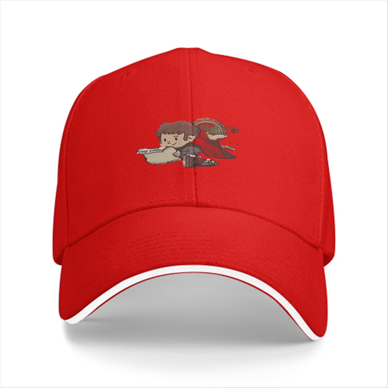Black Baseball Cap with Cute Hobbit Character Print