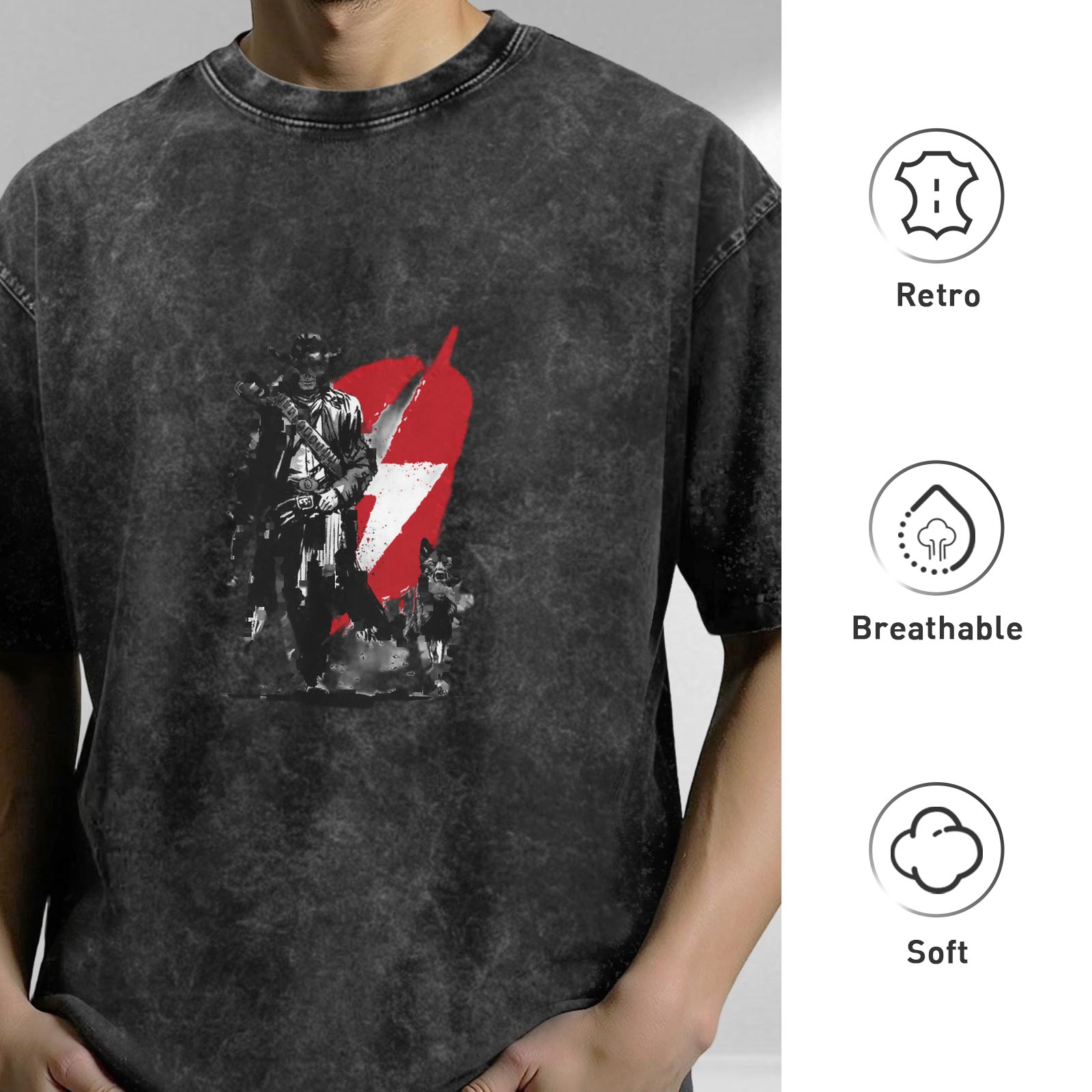 Distressed washed black loose short-sleeved T-shirt with retro pirate style graphic print