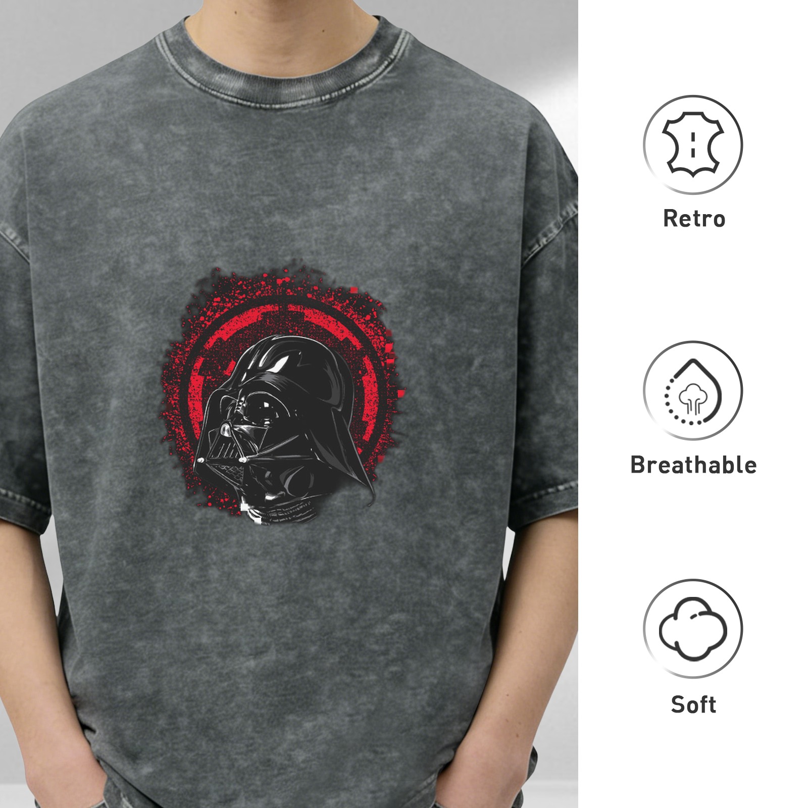 Darth Vader Helmet Graphic Acid Wash Black Cotton T-Shirt
