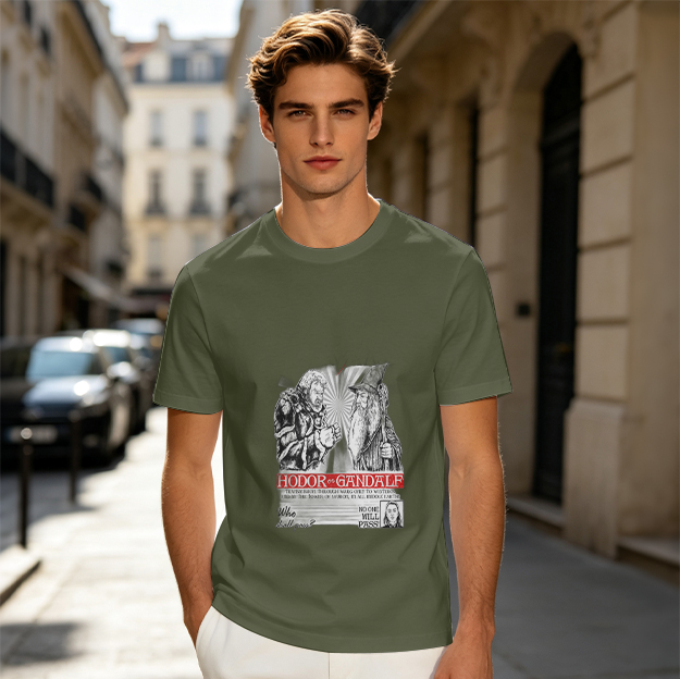 Olive Graphic T-Shirt with Hodor vs Gandalf Fantasy Art Print