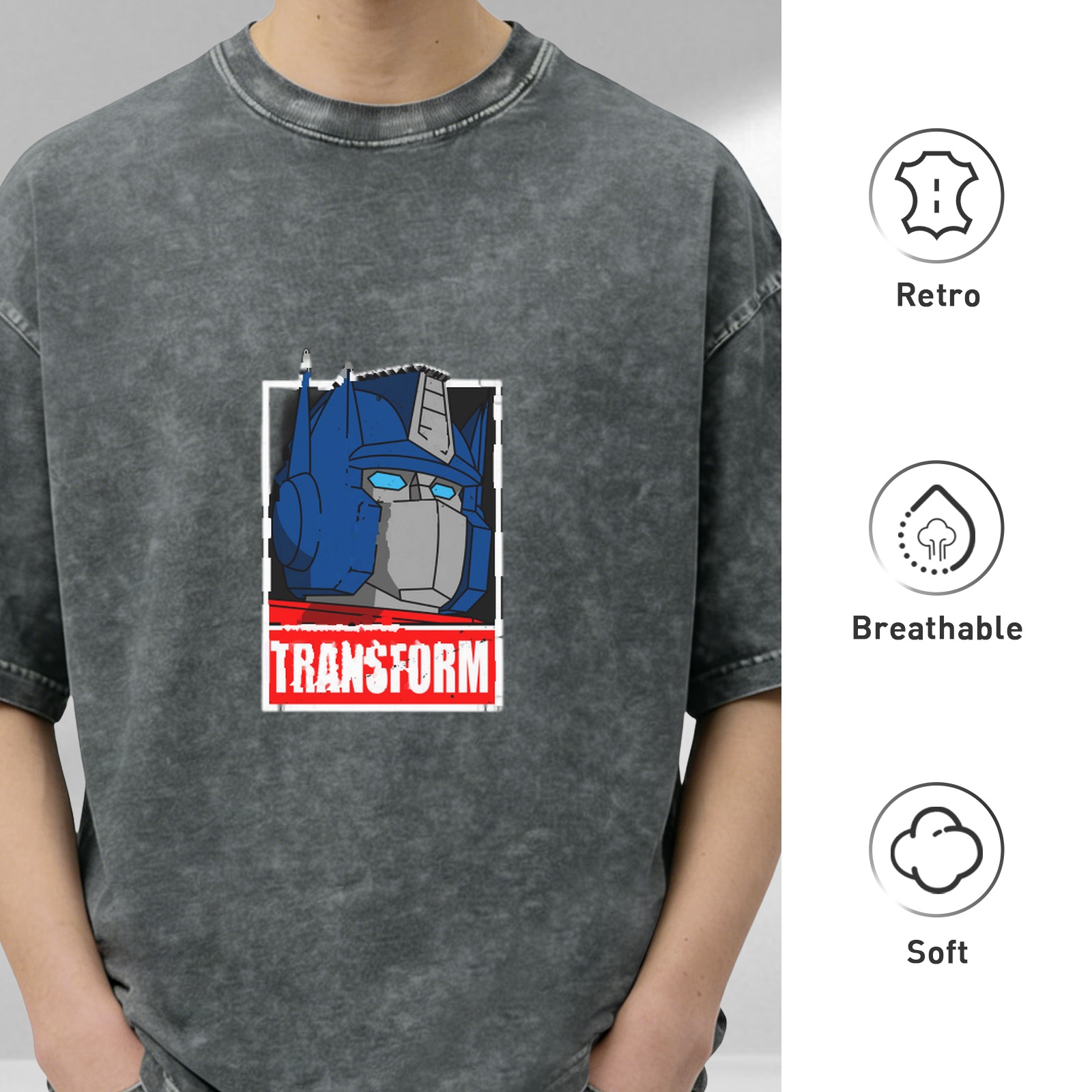 Washed Black T-Shirt with Optimus Prime Graphic and Transform Text