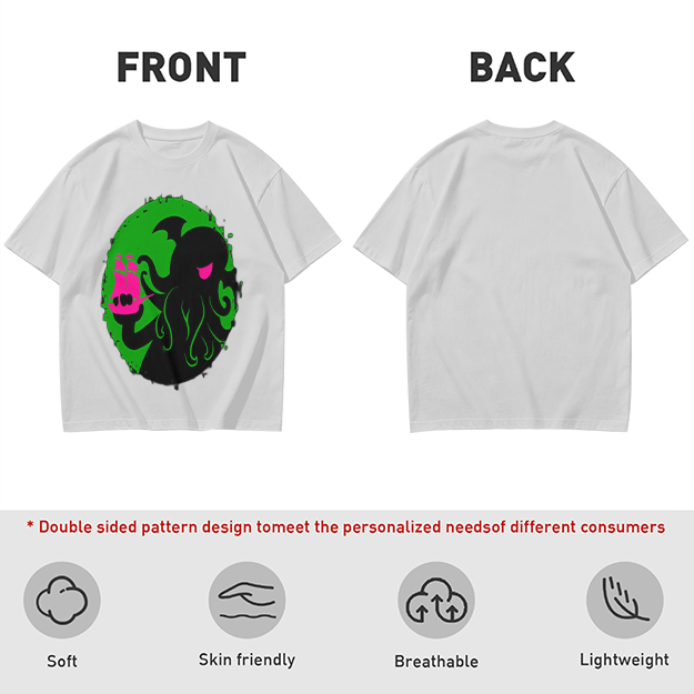 Olive T-Shirt With Cthulhu Holding Pink Ship Graphic Print