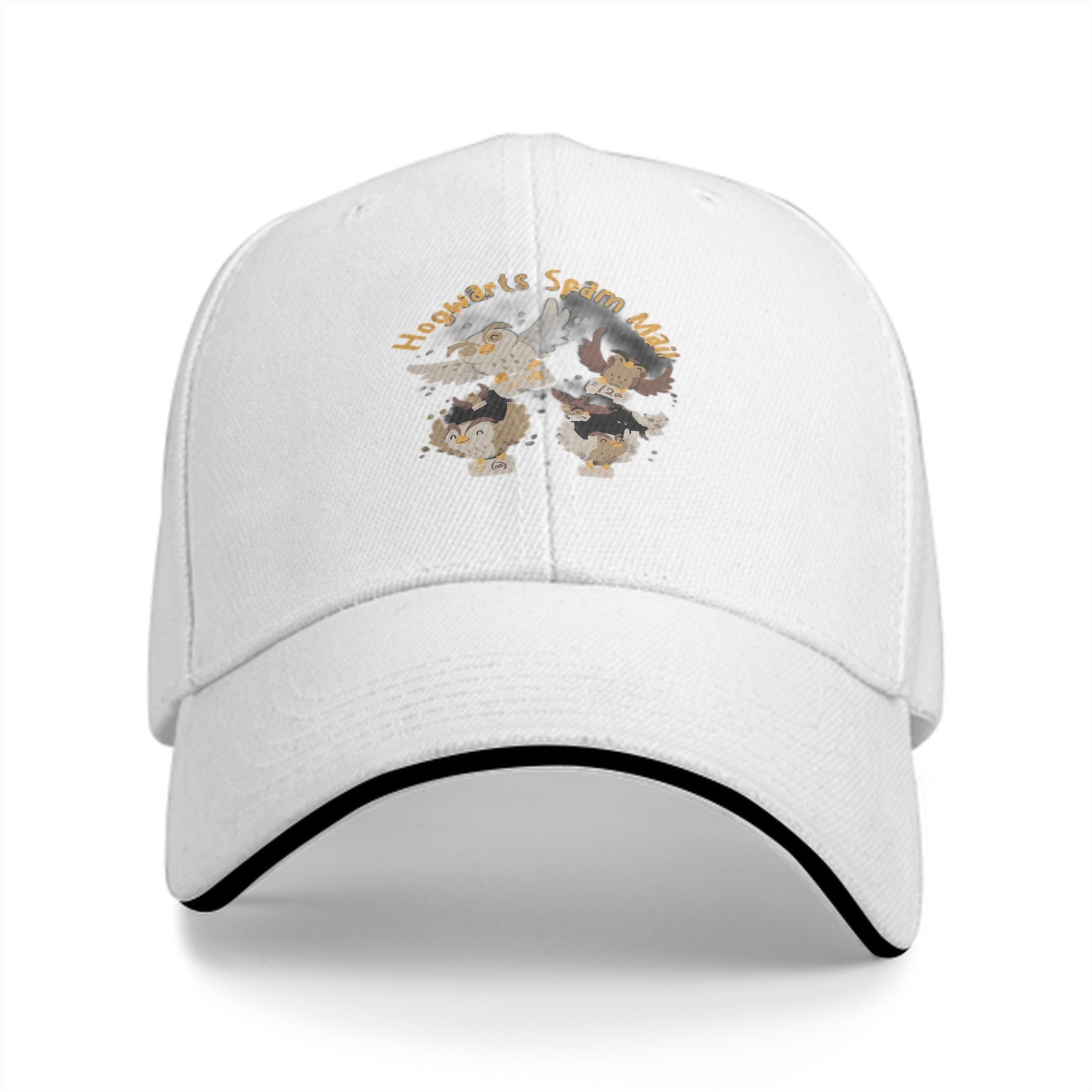Black baseball cap with Hogwarts Spam Mail owl graphic