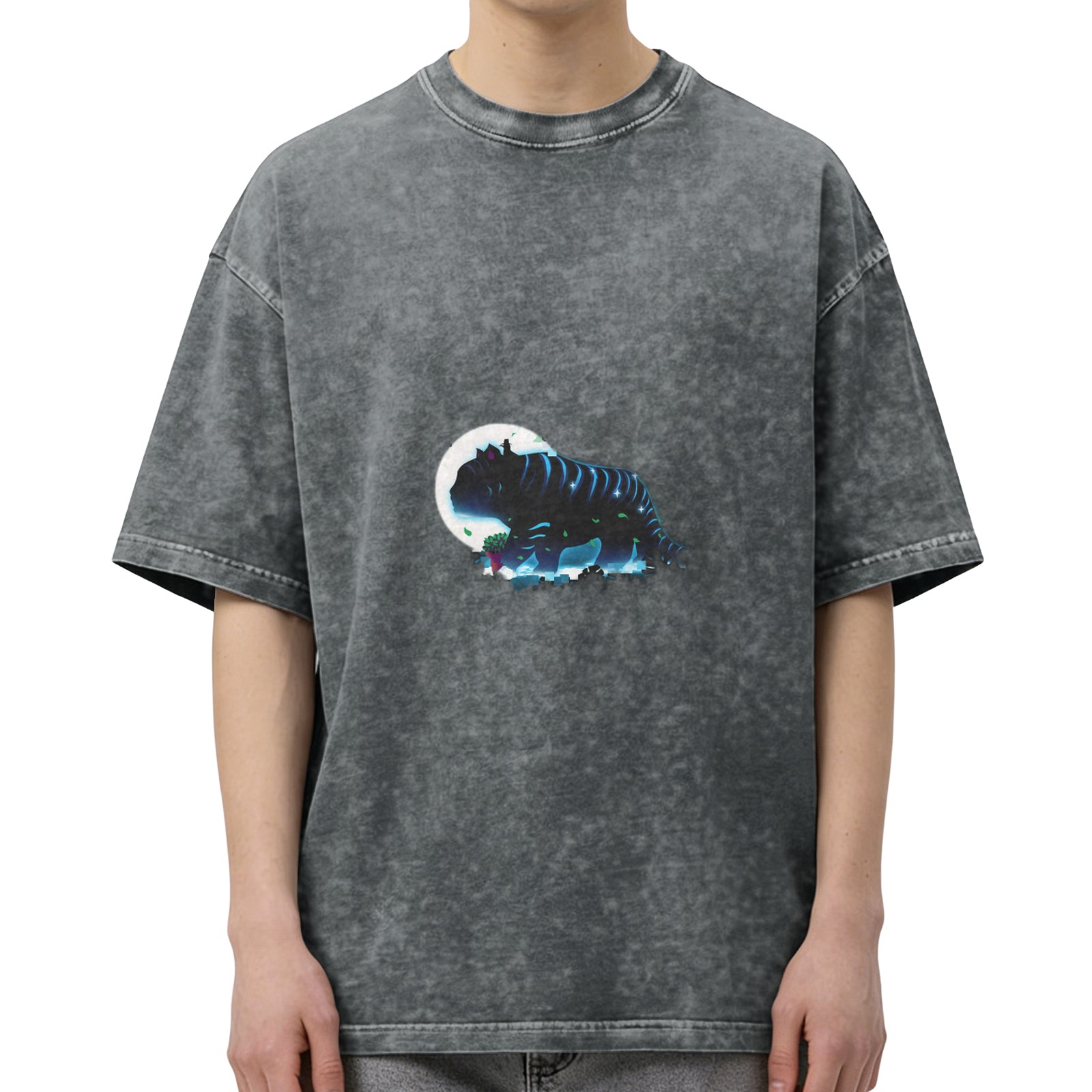 Oversized Dark Wash T-Shirt With Glowing Fantasy Creature Print
